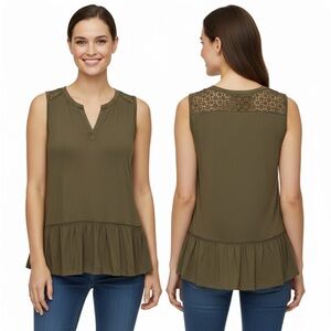 Loft Olive Green Crochet Peplum Sleeveless Top Size XS